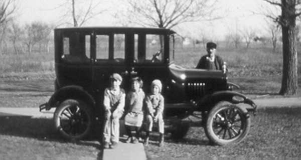 Carl and Mildred, Roy and William Siebler with Model A Ford